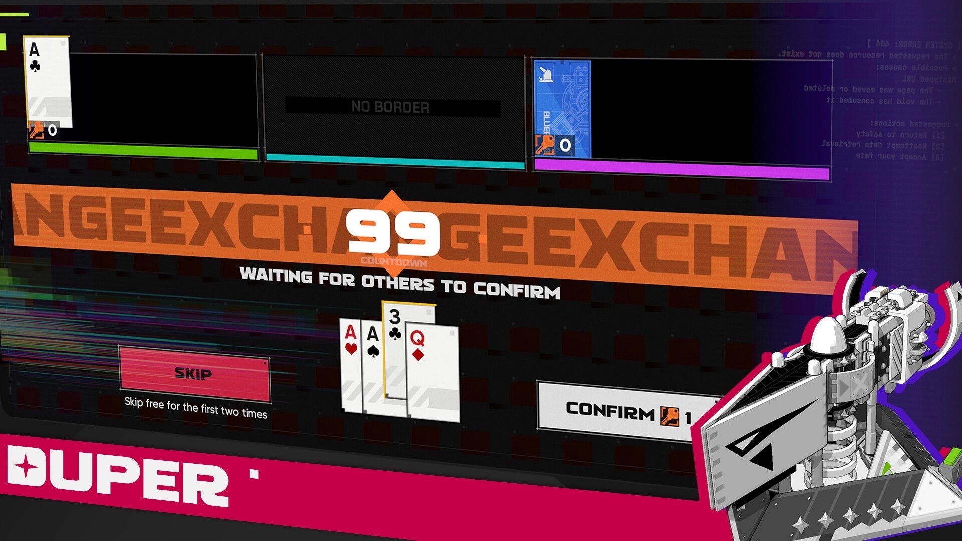 Duper: Card exchange confirmation screen with countdown, skip/confirm buttons, and player panels UI.