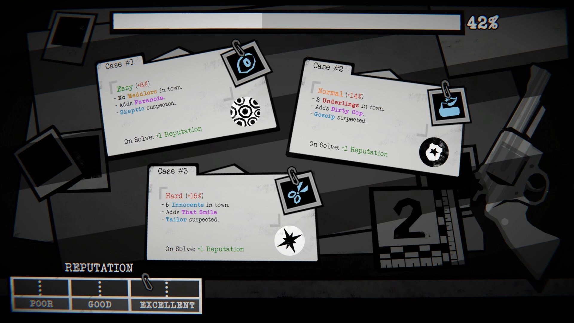 Dupery: Case selection board with three case cards and reputation meter on a cluttered desk UI.
