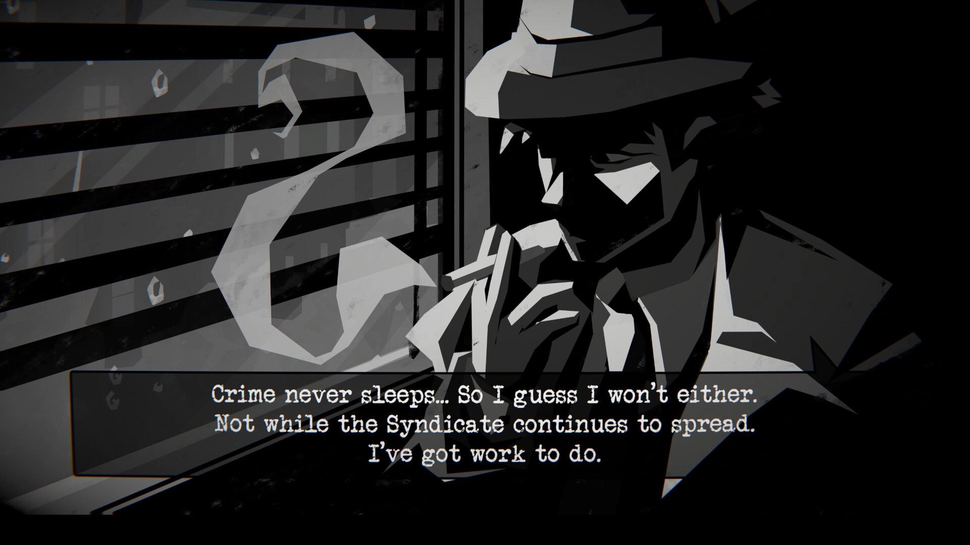 Dupery: Noir detective lights a cigarette beside window blinds as dialogue text fills the screen.