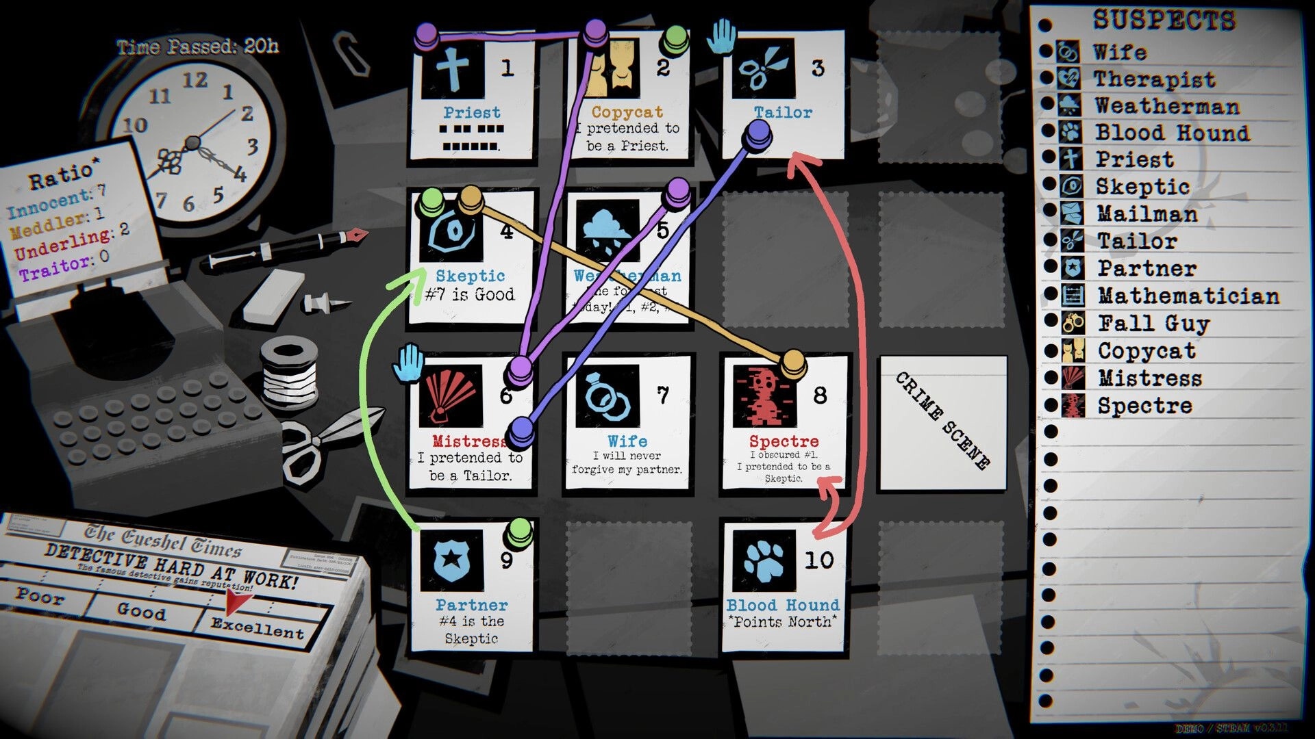 Dupery: Suspect board with pinned role cards and colored links beside a suspect list UI panel.