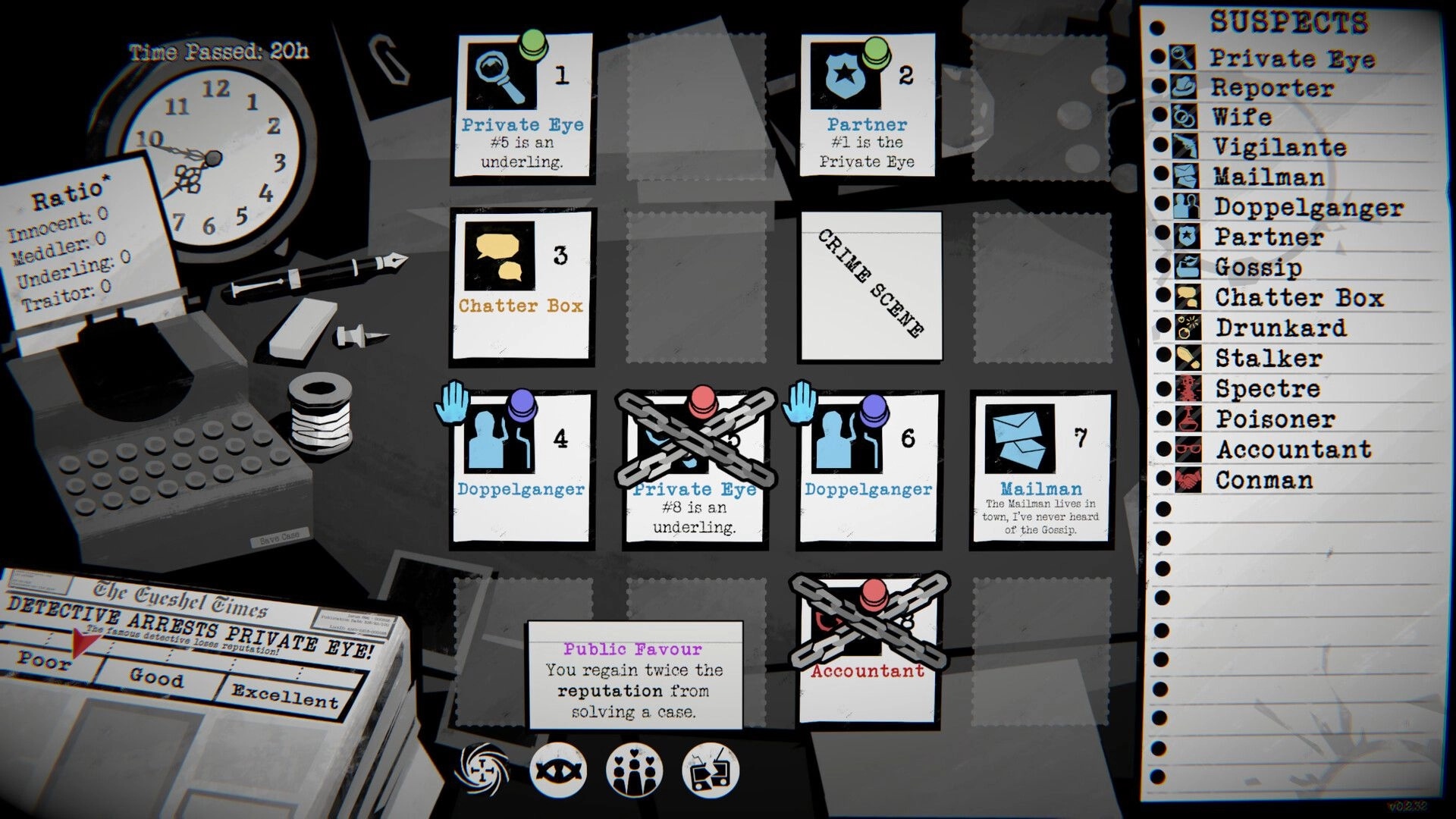 Dupery: Case board with suspect cards, crime scene slot and suspect list on a detective desk UI.