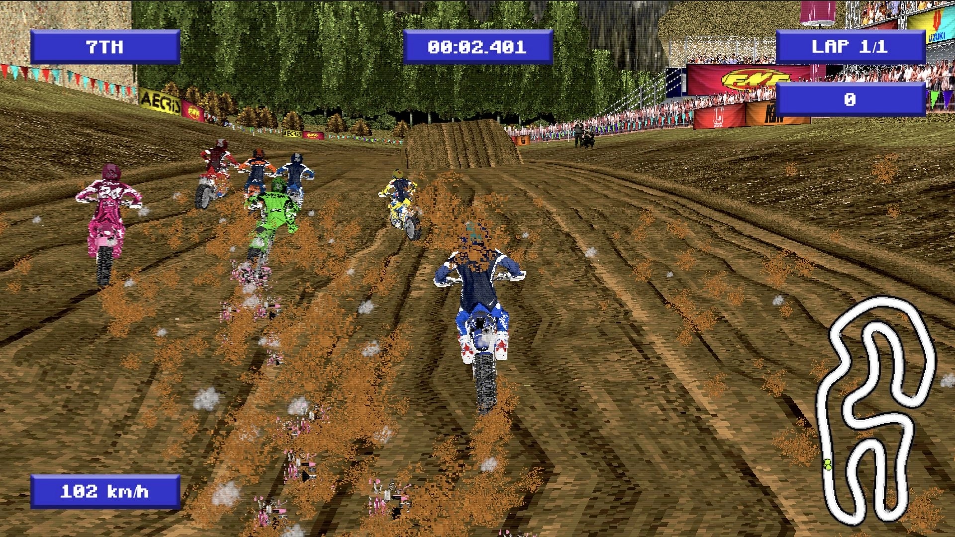 DüRT: Third-person motocross race in 7th on a muddy track, lap 1/1 UI and minimap visible.