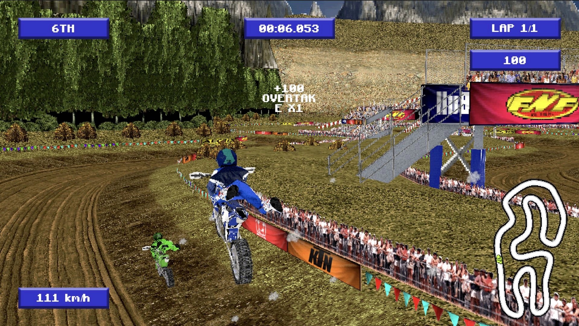 DüRT: Rider jumps past opponent on dirt track, HUD shows 6th, lap 1/1, 111 km/h, map.