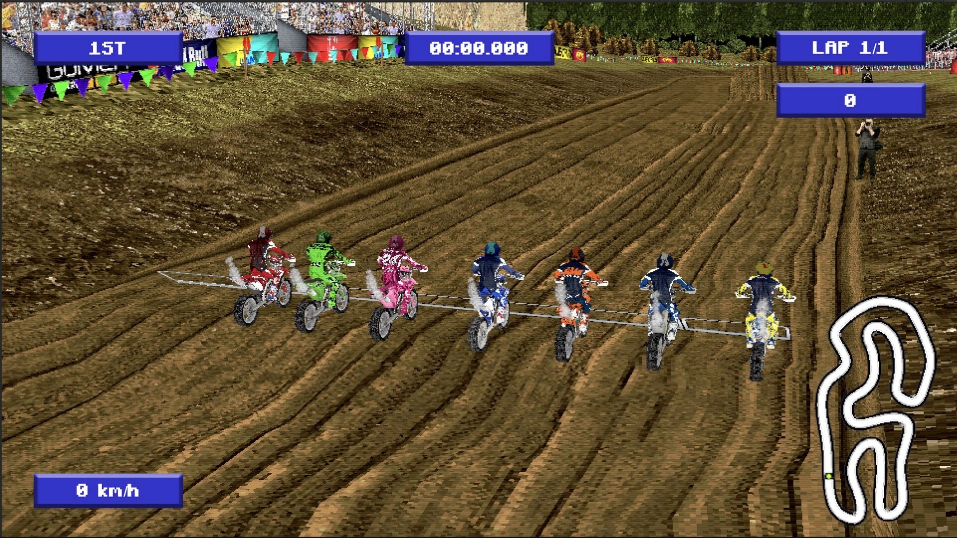DüRT: Motocross riders lined up at start gate on dirt track, UI shows lap 1/1 and minimap.
