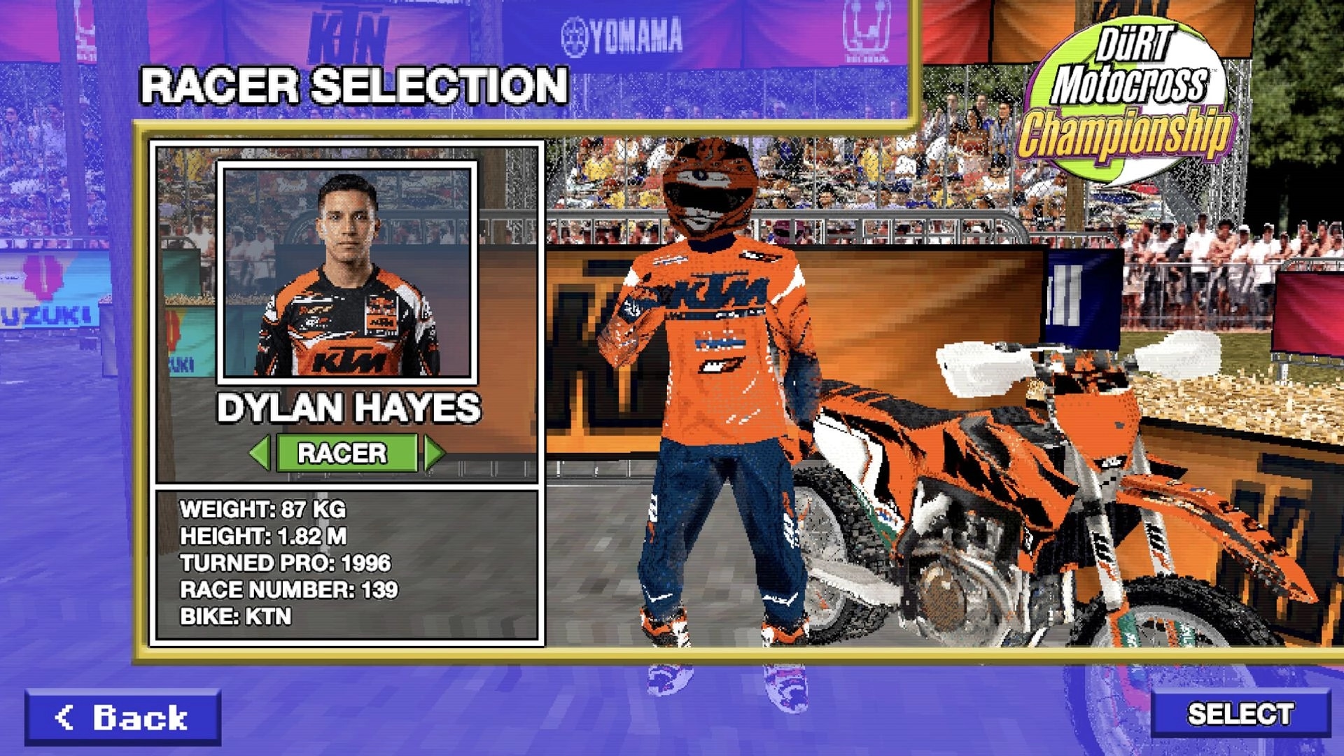 DüRT: Racer selection screen for Dylan Hayes beside orange bike in stadium paddock with stats panel.