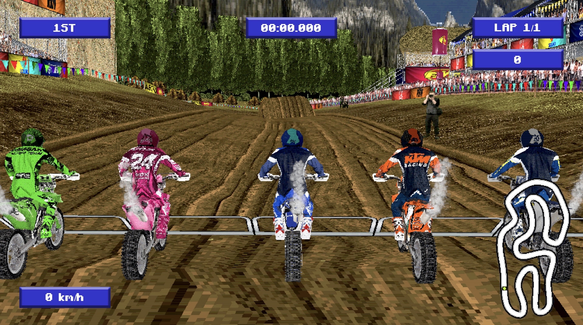 DüRT: Five motocross riders lined up at start gate on dirt track with lap and timer UI visible.