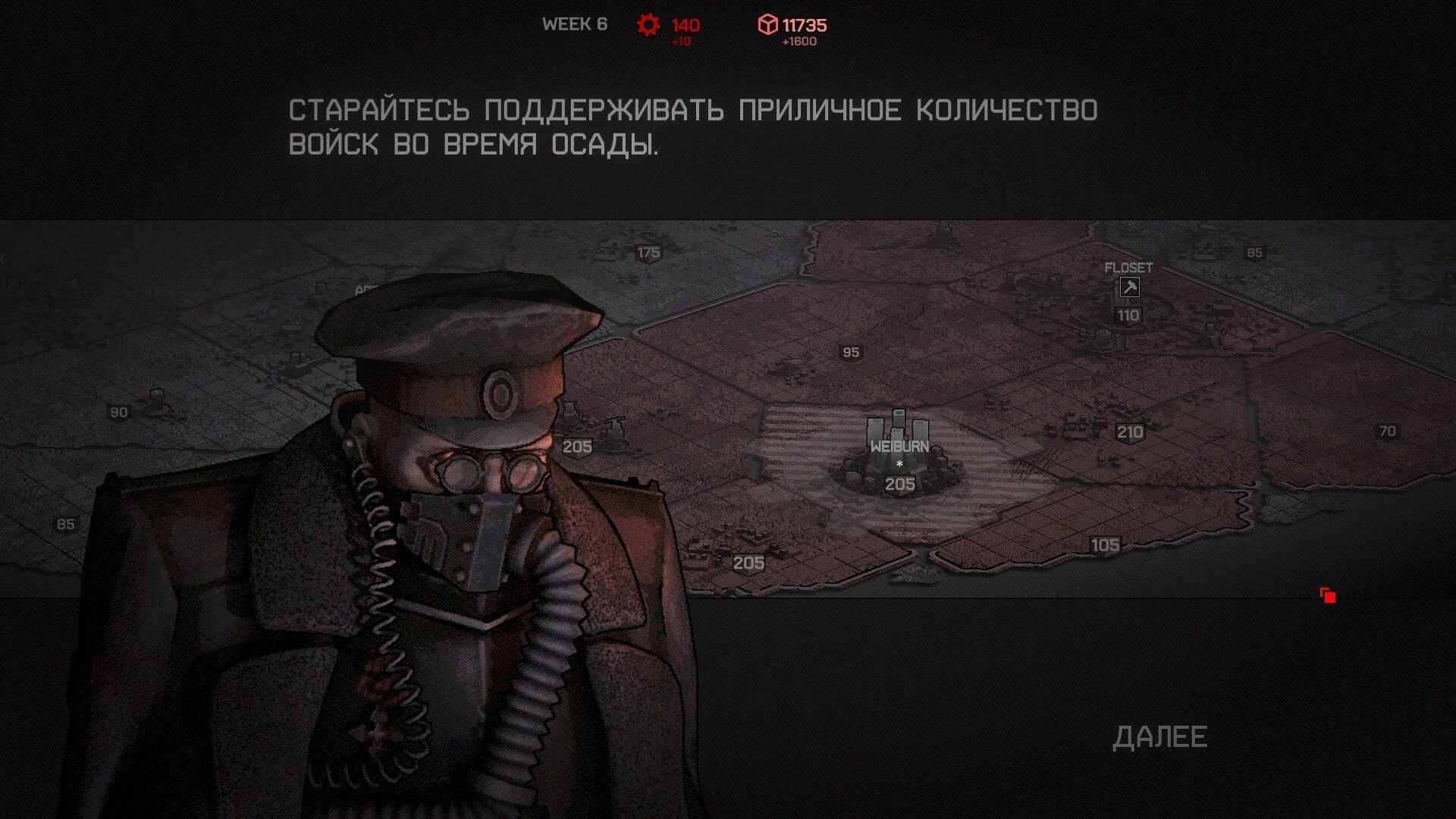 Dust Front RTS: Briefing screen with gas-masked officer over strategic map, week 6 and resource UI at top.