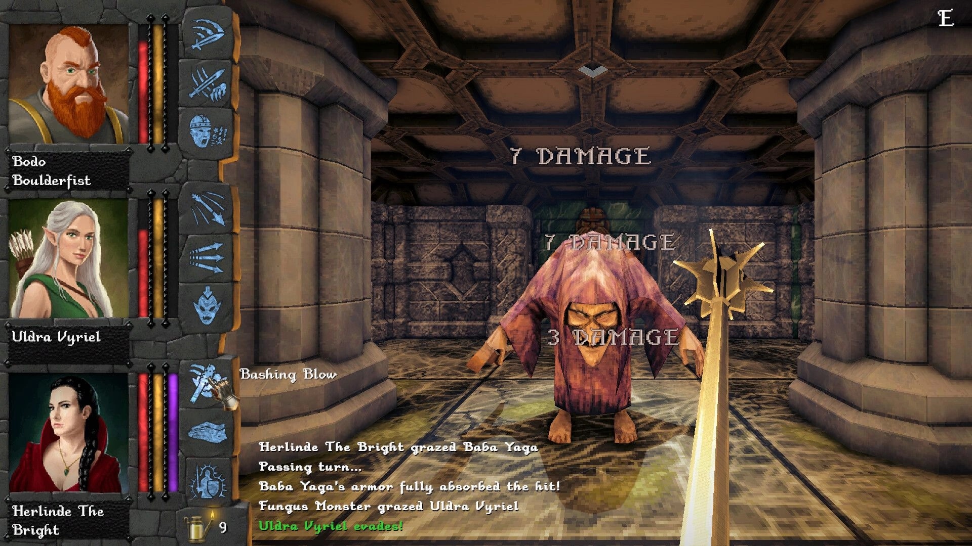 Dverghold: Turn-based fight hits a hooded foe for 7 damage in a stone dungeon corridor UI left.