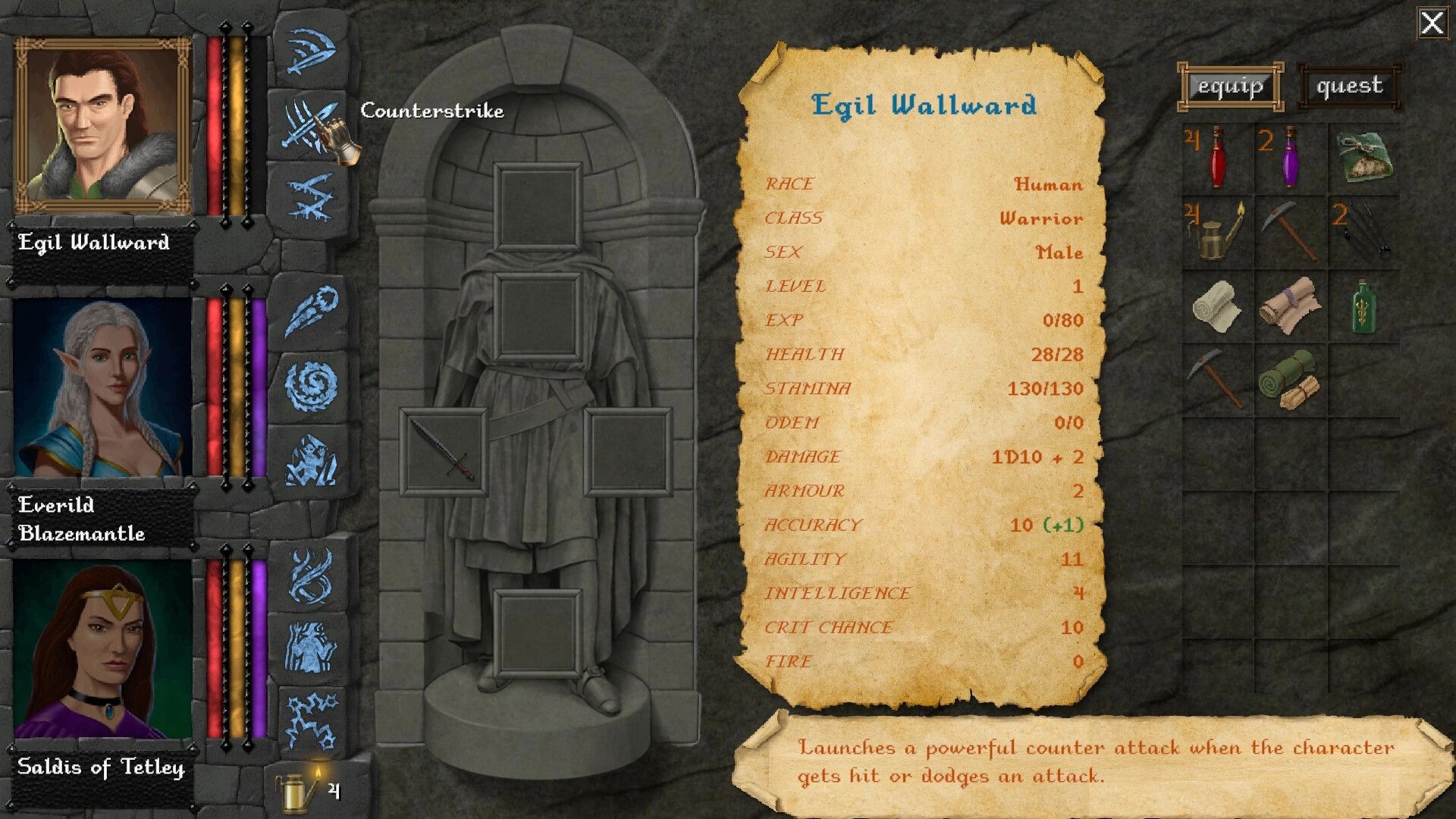Dverghold: Egil Wallward character sheet with stats and inventory grid in stone-framed equip menu.