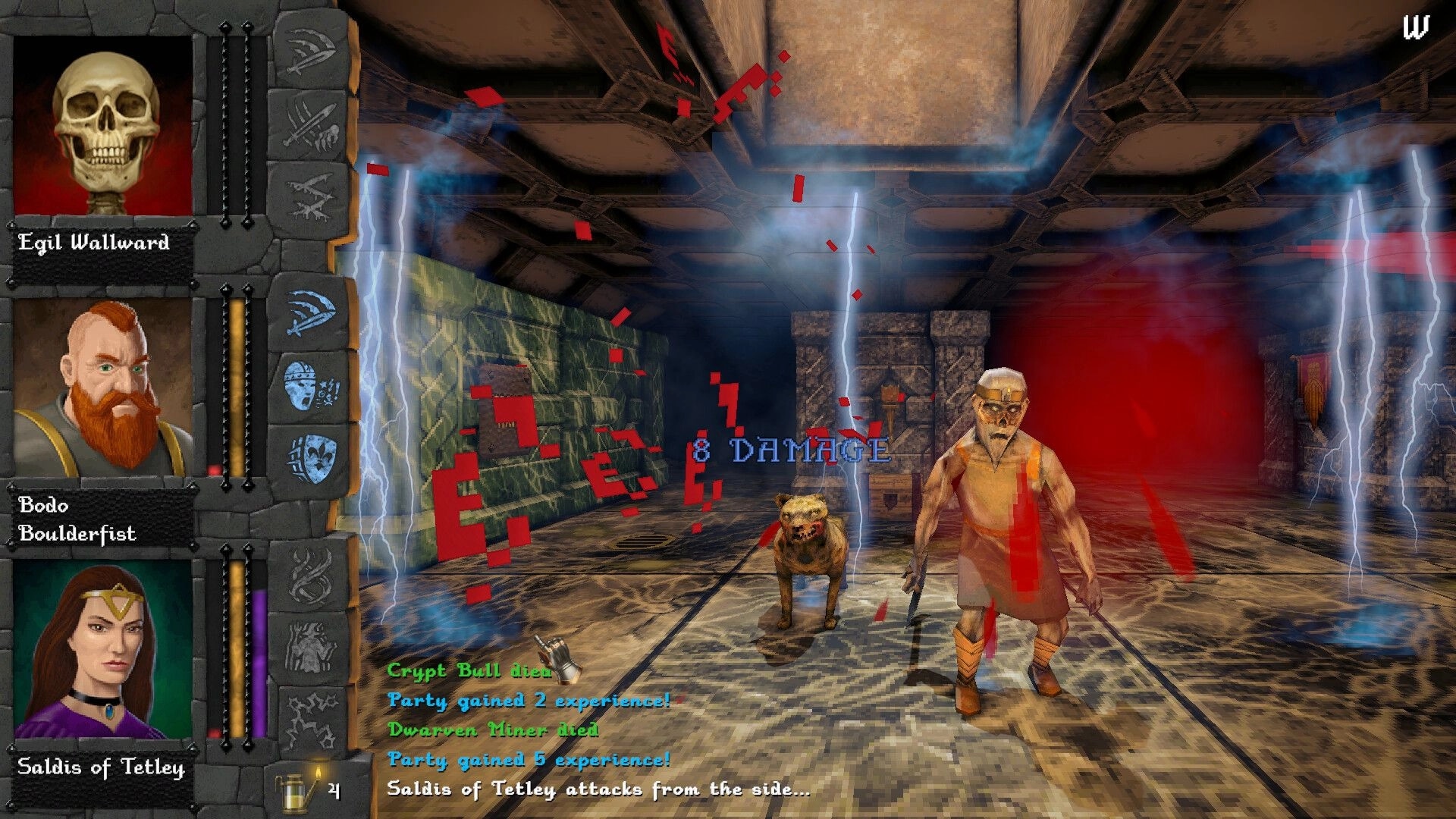 Dverghold: Turn-based battle UI with party portraits, lightning effects, and damage in a stone crypt.