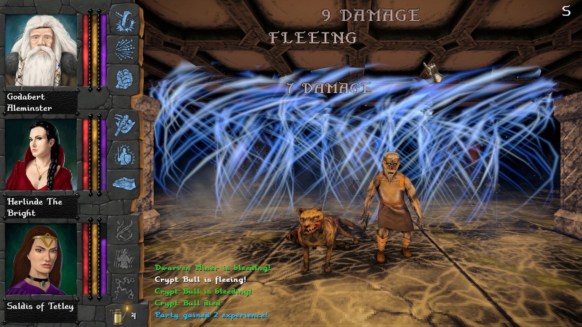 Dverghold: Combat aftermath with damage text and party portraits in a stone dungeon hall with blue streaks.