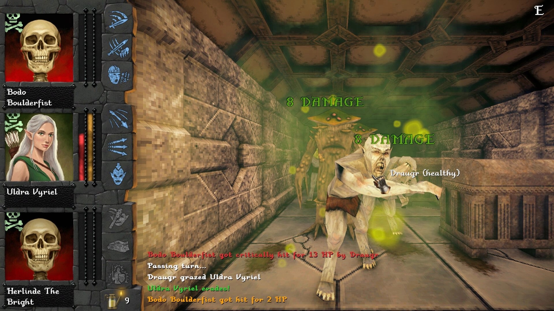 Dverghold: Turn-based fight with Draugr taking 8 damage in a stone corridor, party UI on left.