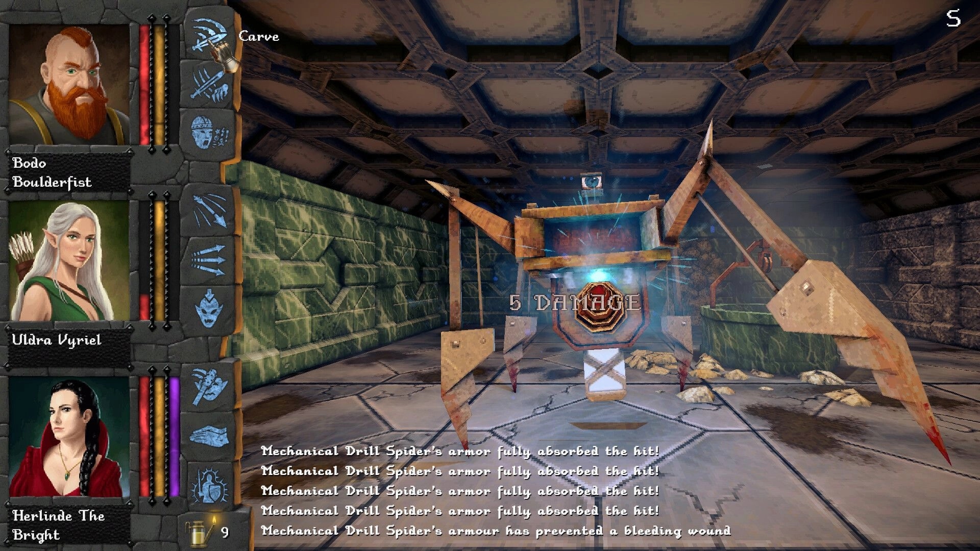 Dverghold: Party UI faces a mechanical drill spider in a stone dungeon corridor, 5 damage text visible.