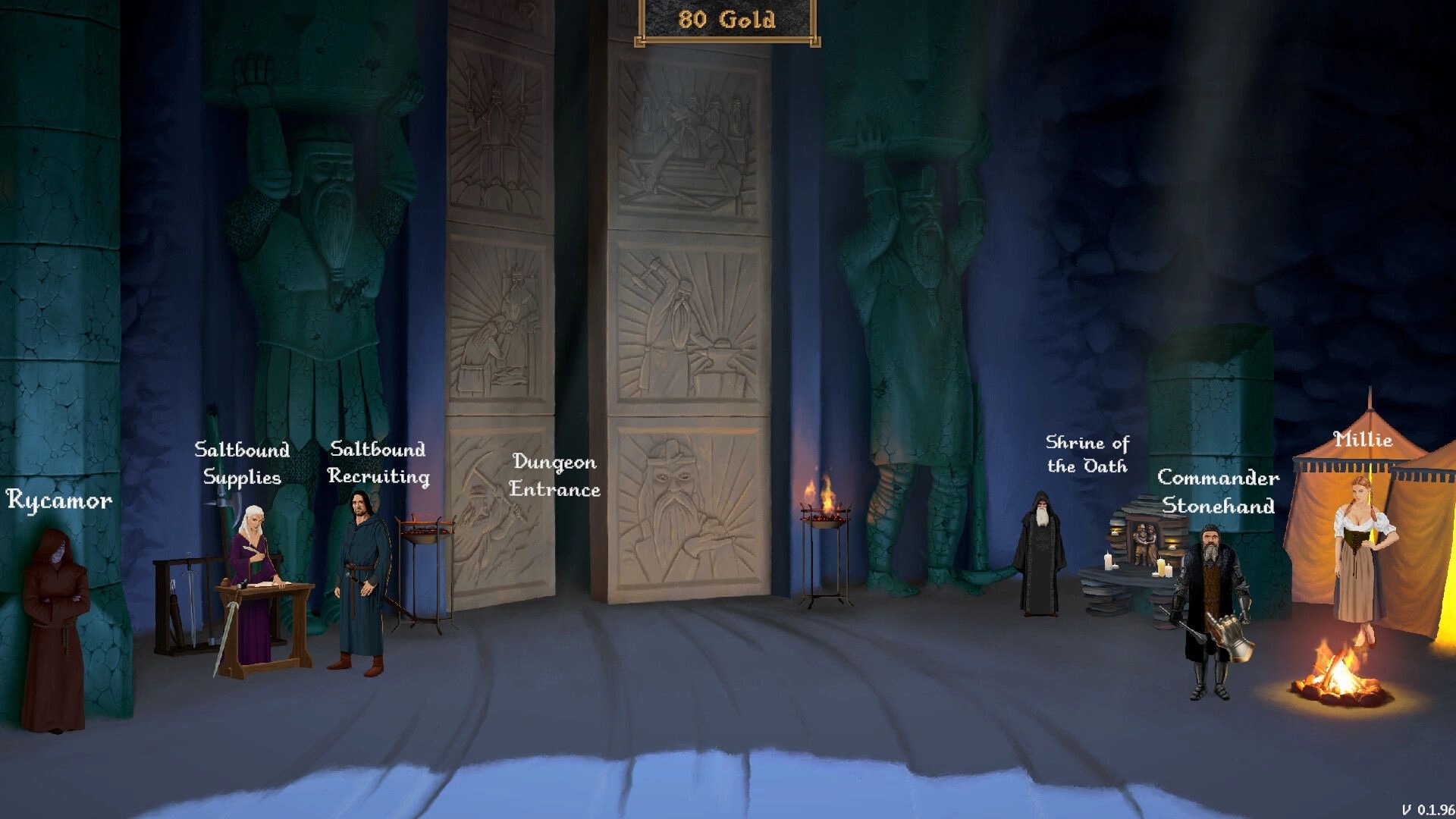 Dverghold: Hub hall with labeled NPCs and dungeon entrance door amid giant dwarf statues and braziers.