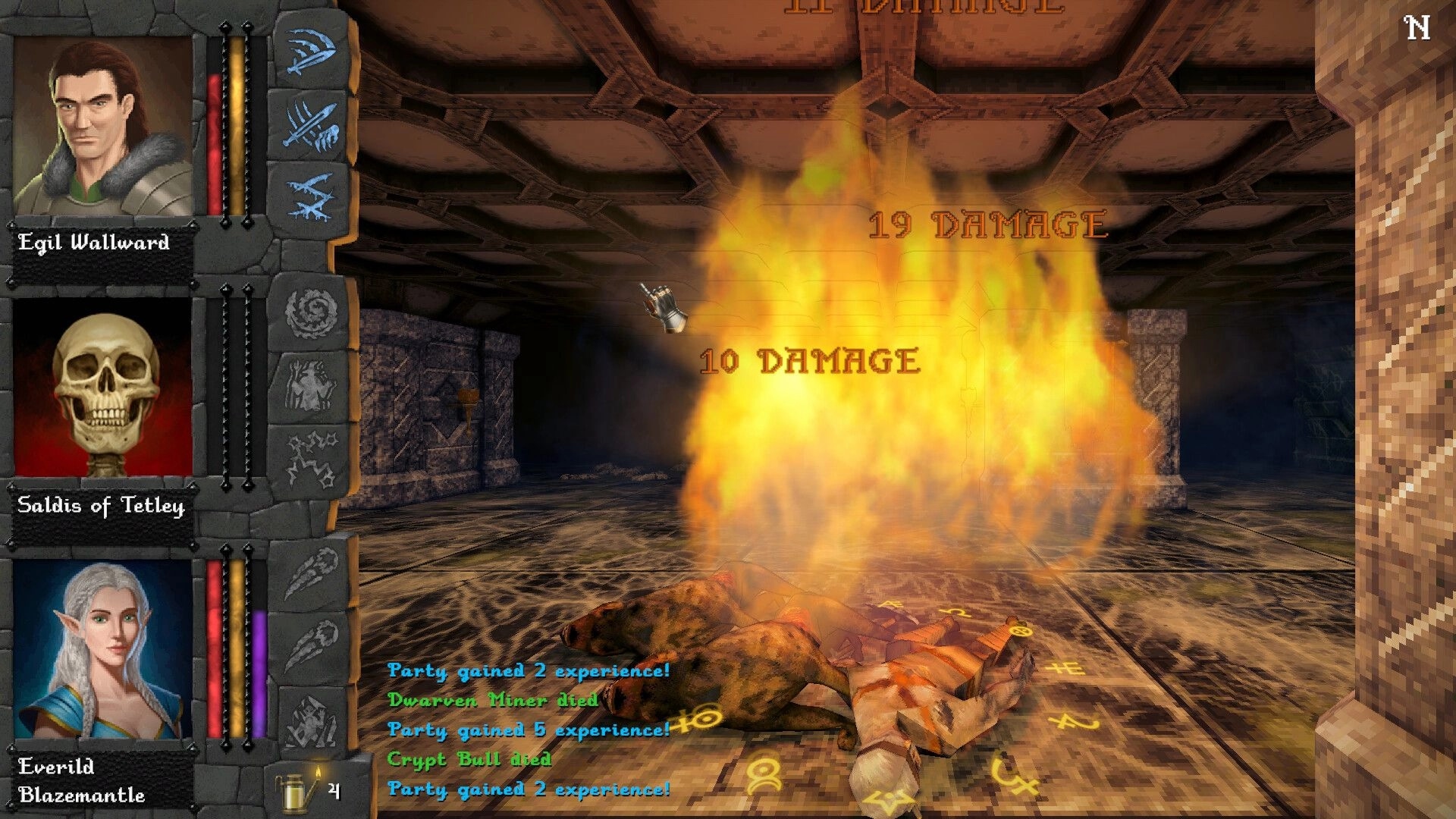 Dverghold: Fire spell deals damage in stone dungeon as party UI lists fallen foes and XP gained.