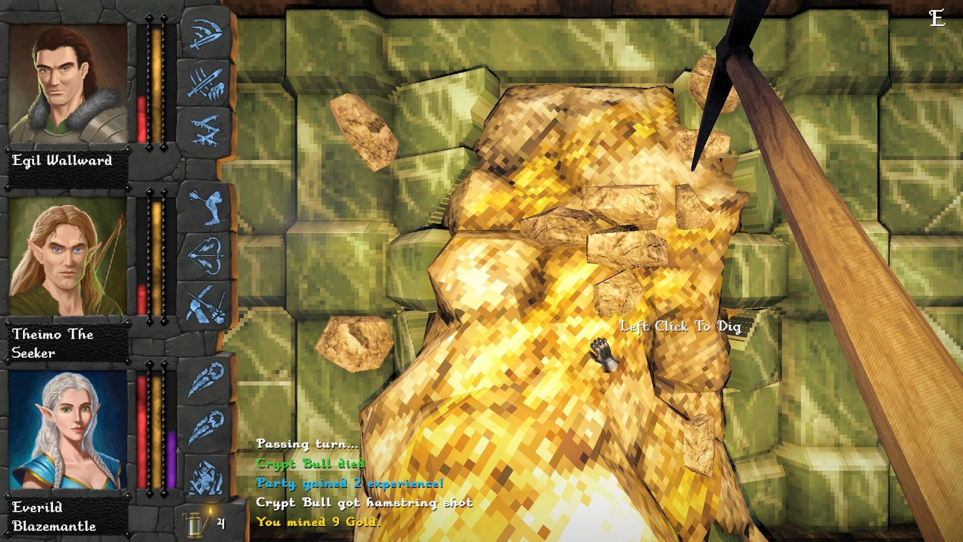 Dverghold: Party UI with Egil, Theimo, Everild while digging a gold vein in green stone corridor.