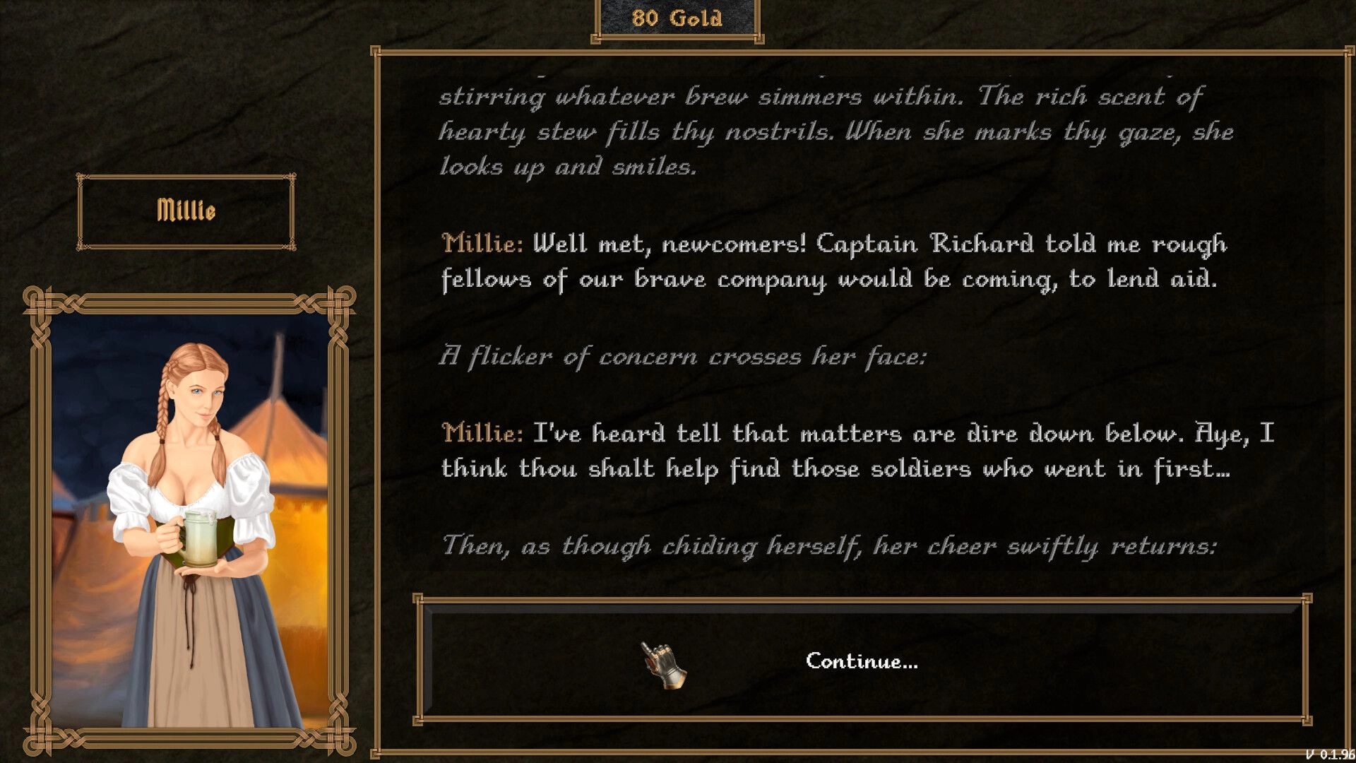 Dverghold: Dialogue menu with Millie portrait holding a mug beside camp tents and gold counter UI.