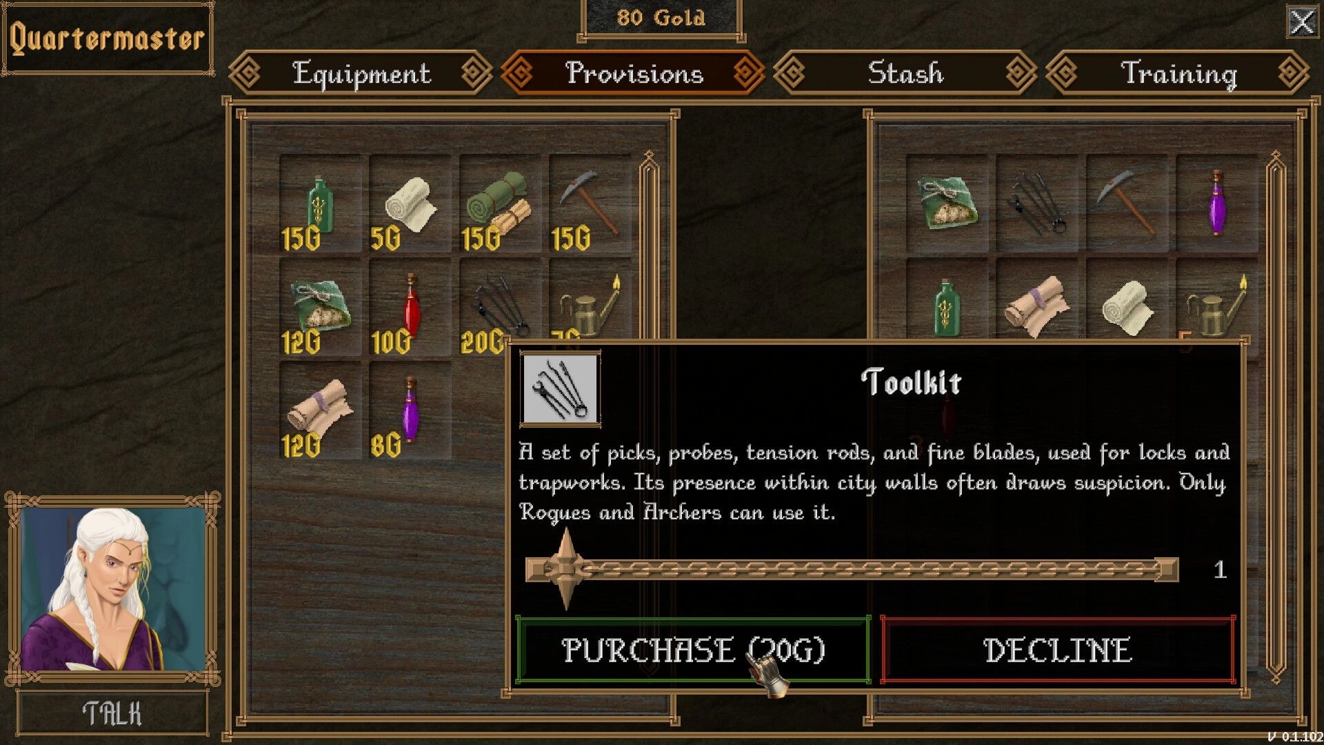 Dverghold: Quartermaster shop UI with item grids and toolkit purchase prompt in town menu screen.