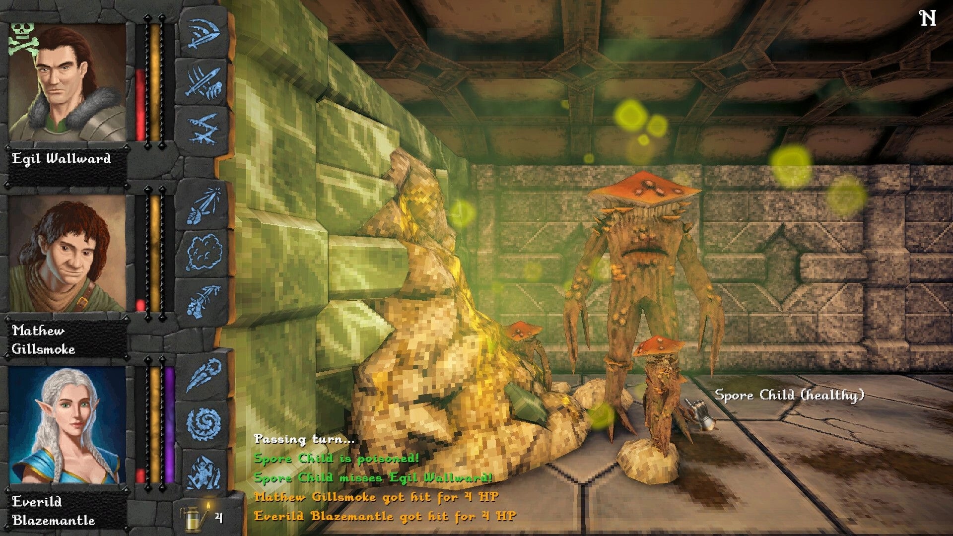 Dverghold: Turn-based battle UI as Spore Child enemies face a party in a green stone dungeon room.