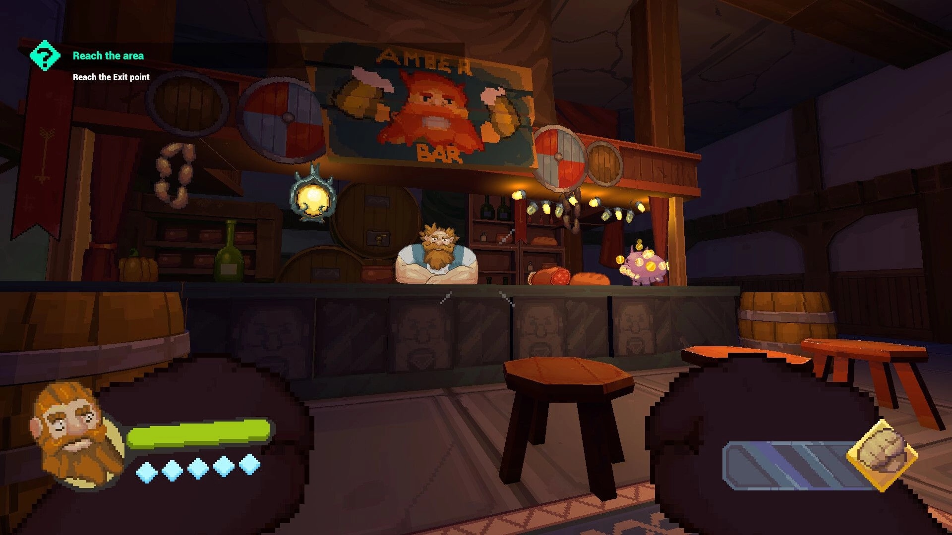 Dwarf Boozter: Objective UI to reach exit as dwarf faces bartender in warmly lit tavern bar.