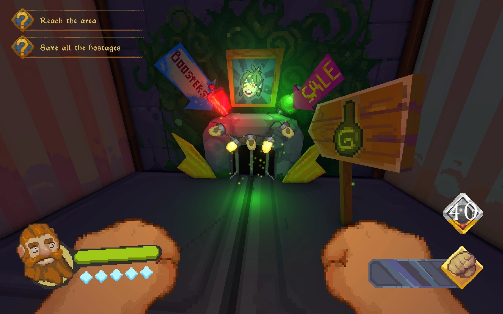 Dwarf Boozter: First-person tunnel view toward glowing door, quest list and health UI in tavern maze.