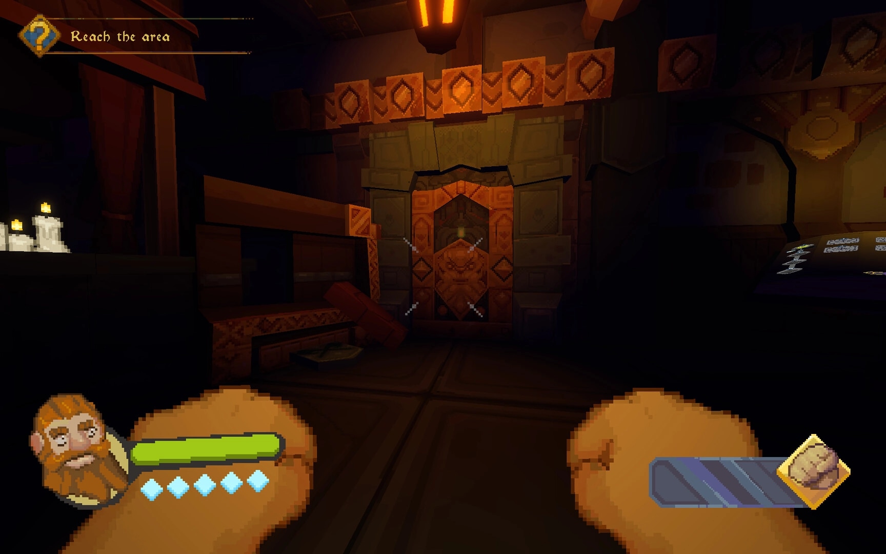 Dwarf Boozter: First-person dwarf fists facing carved stone door in dim tavern, Reach the area UI.