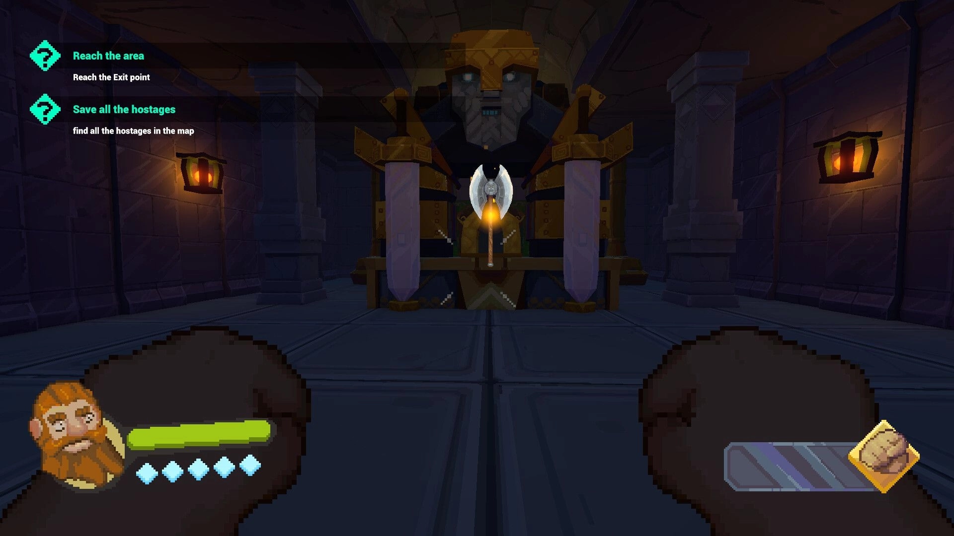 Dwarf Boozter: First-person view facing a giant dwarf statue, quest list and health UI in stone hall.