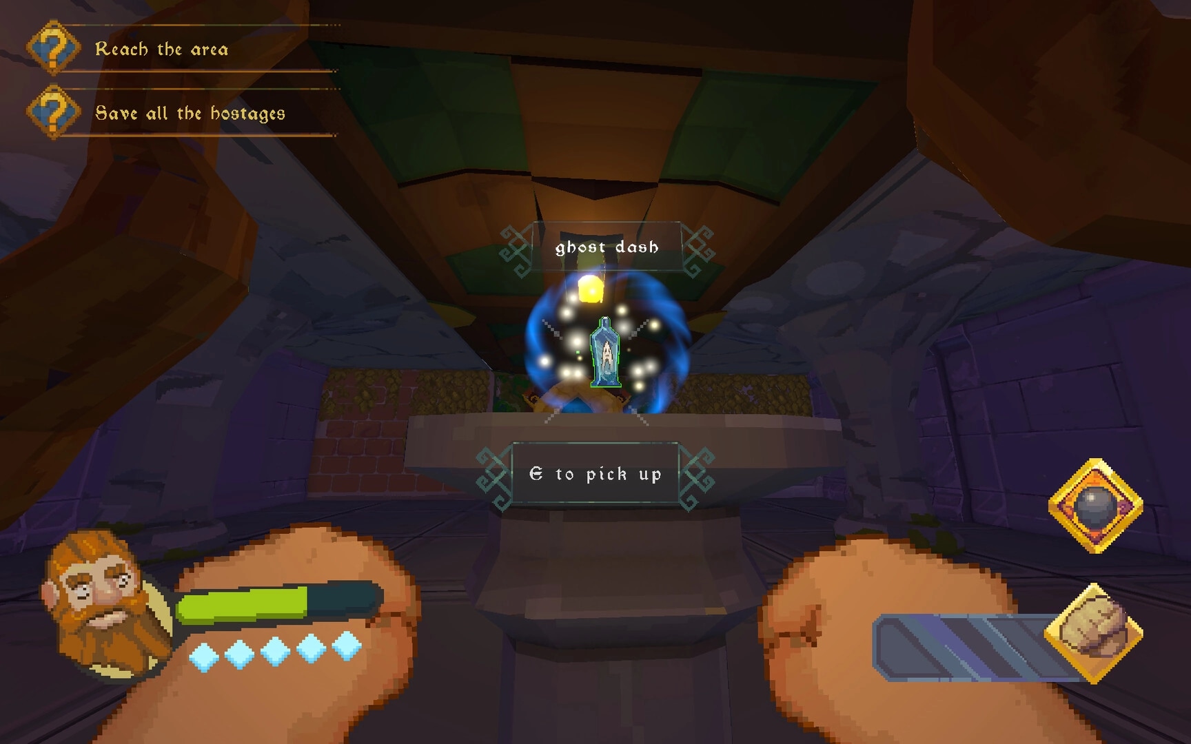 Dwarf Boozter: First-person pickup prompt for ghost dash potion on pedestal in stone corridor UI quests.