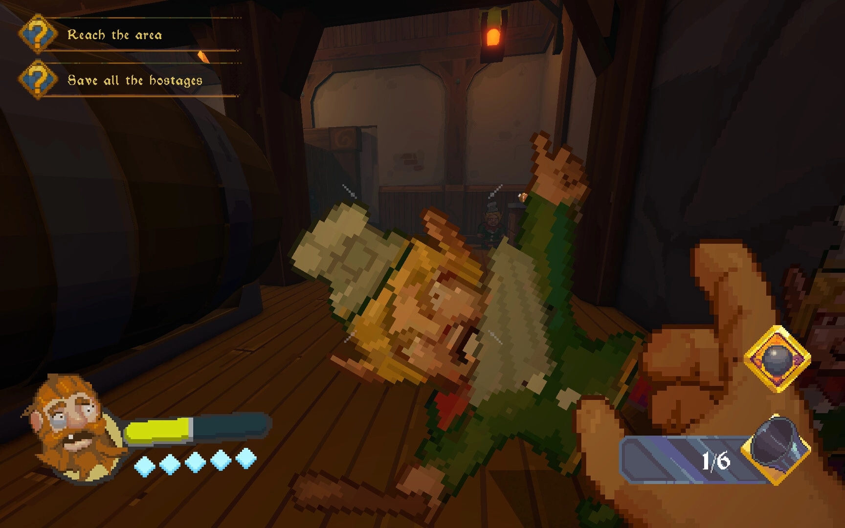 Dwarf Boozter: First-person dwarf brawl in wooden hallway, quest list and health bar UI visible.