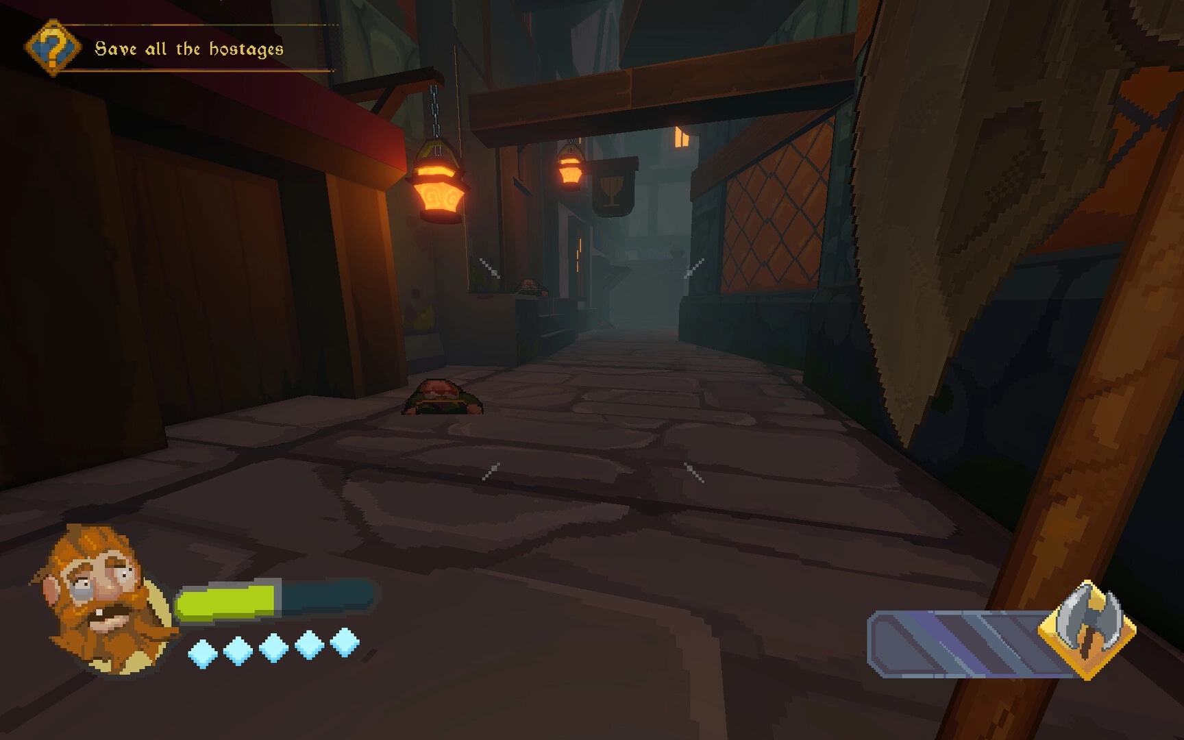 Dwarf Boozter: First-person alley crawl with quest text and dwarf portrait HUD in foggy tavern street.