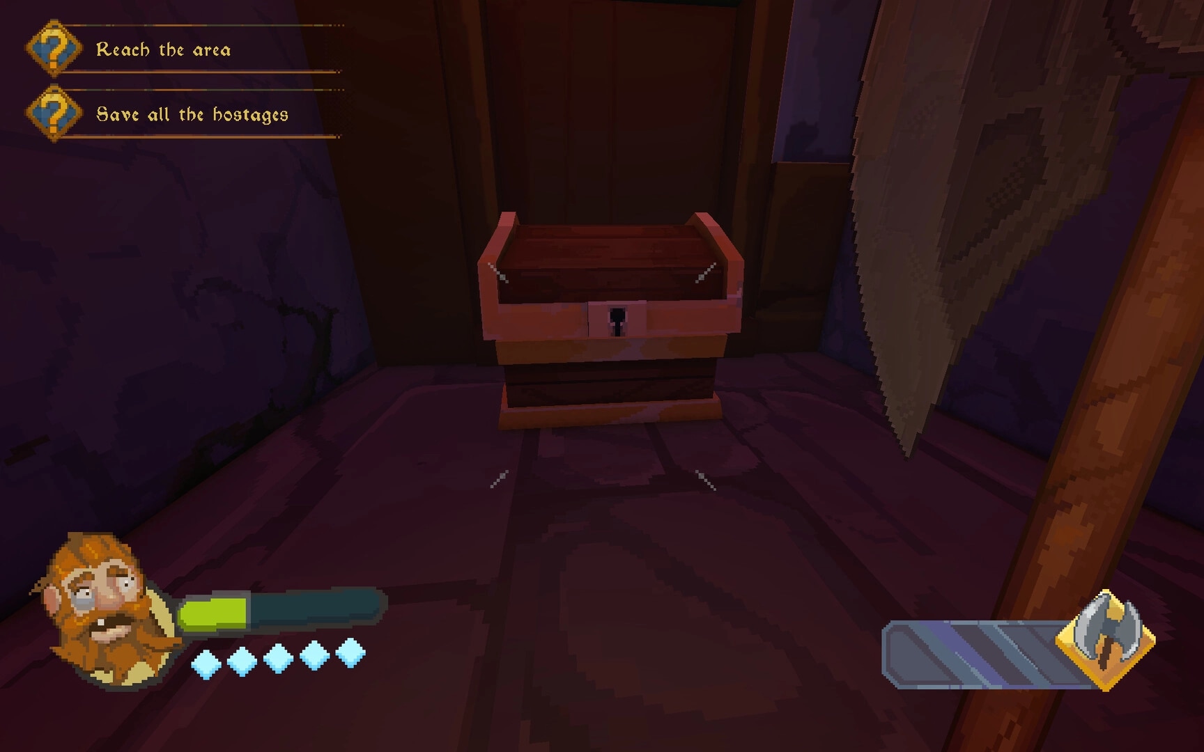Dwarf Boozter: First-person view aiming at a locked chest in a stone corner, quest UI visible.