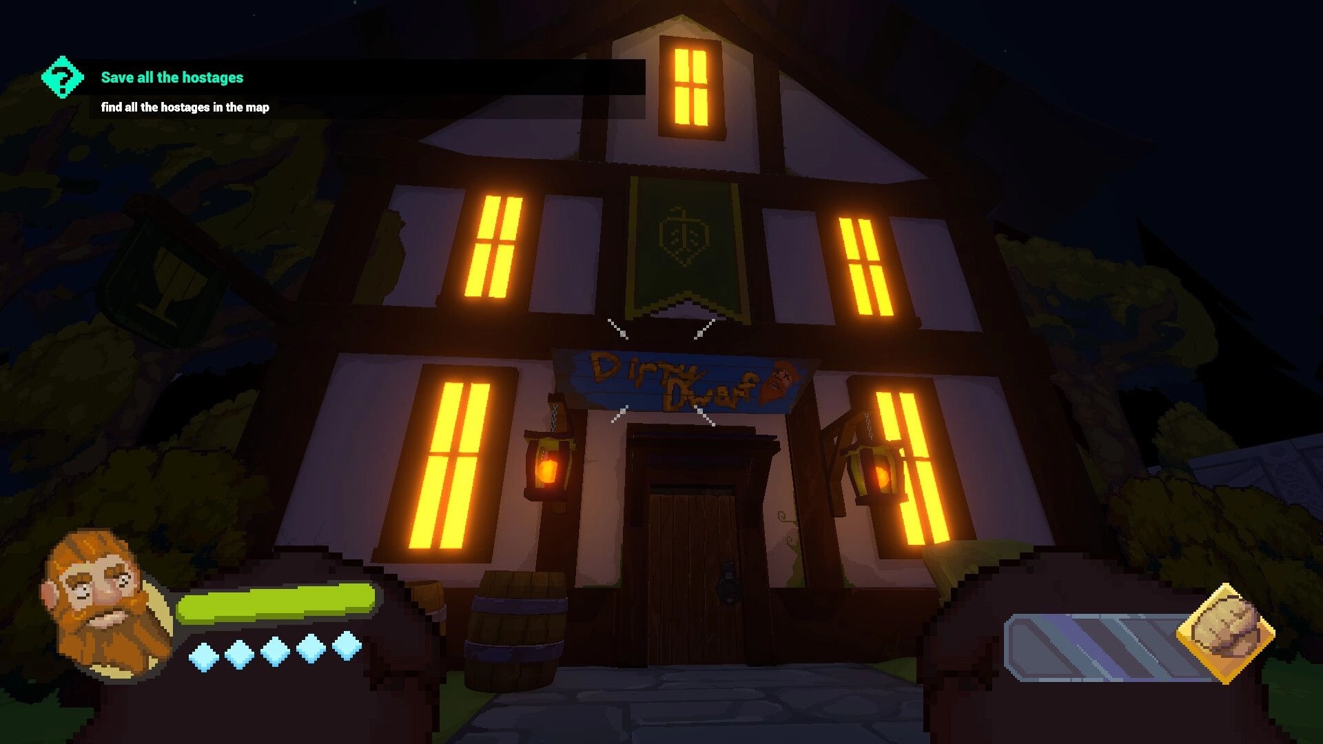 Dwarf Boozter: Quest prompt "Save all the hostages" outside lit tavern, health bar UI visible.