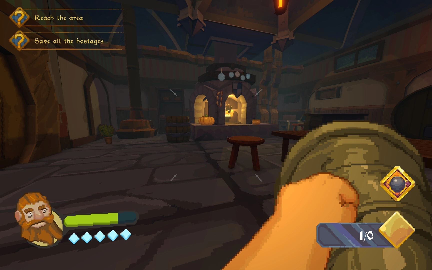 Dwarf Boozter: First-person tavern hall with quest list, dwarf portrait health bar, and mug HUD.