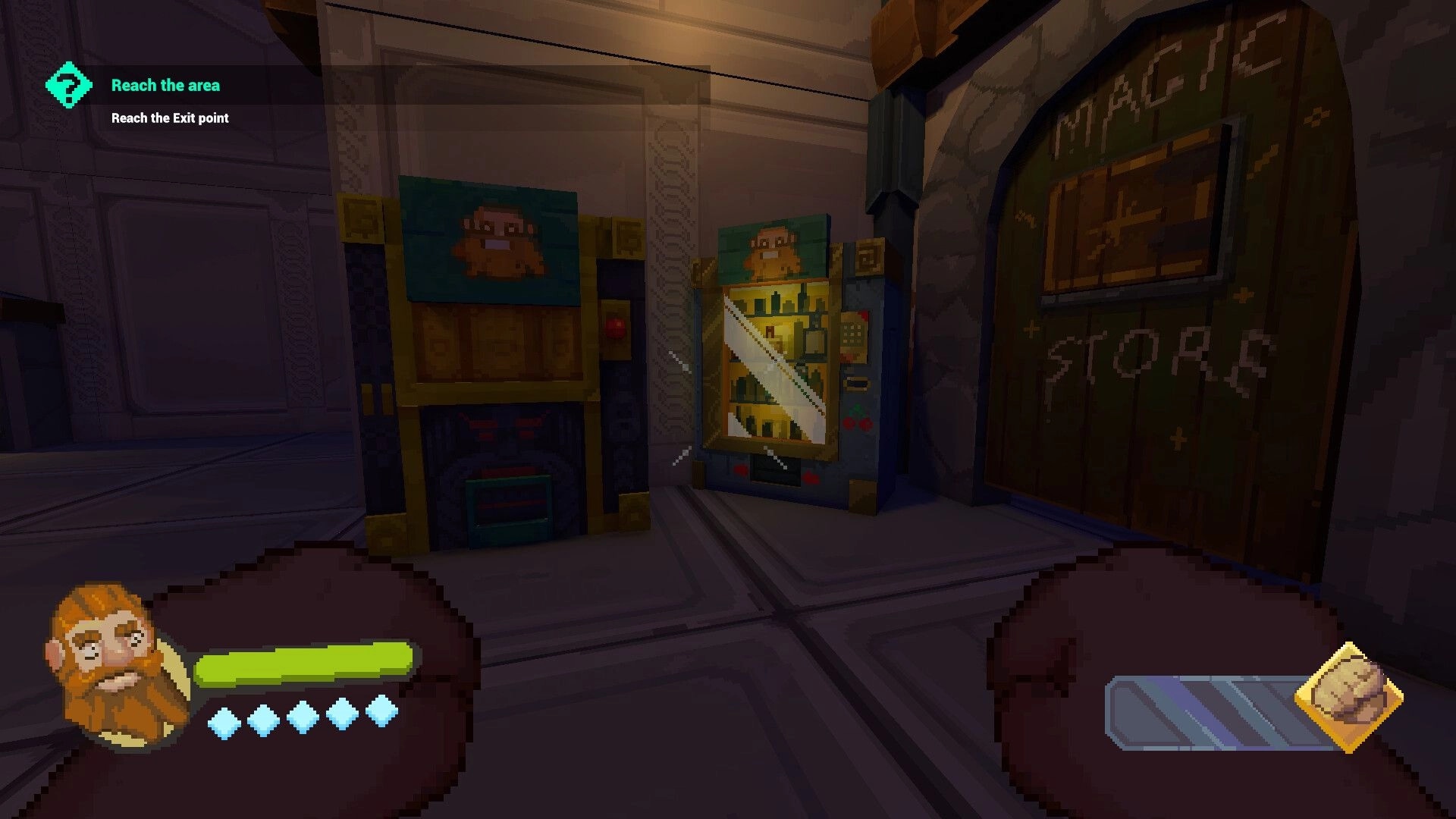 Dwarf Boozter: First-person hallway with vending machines and Store door, objective text and HUD visible.