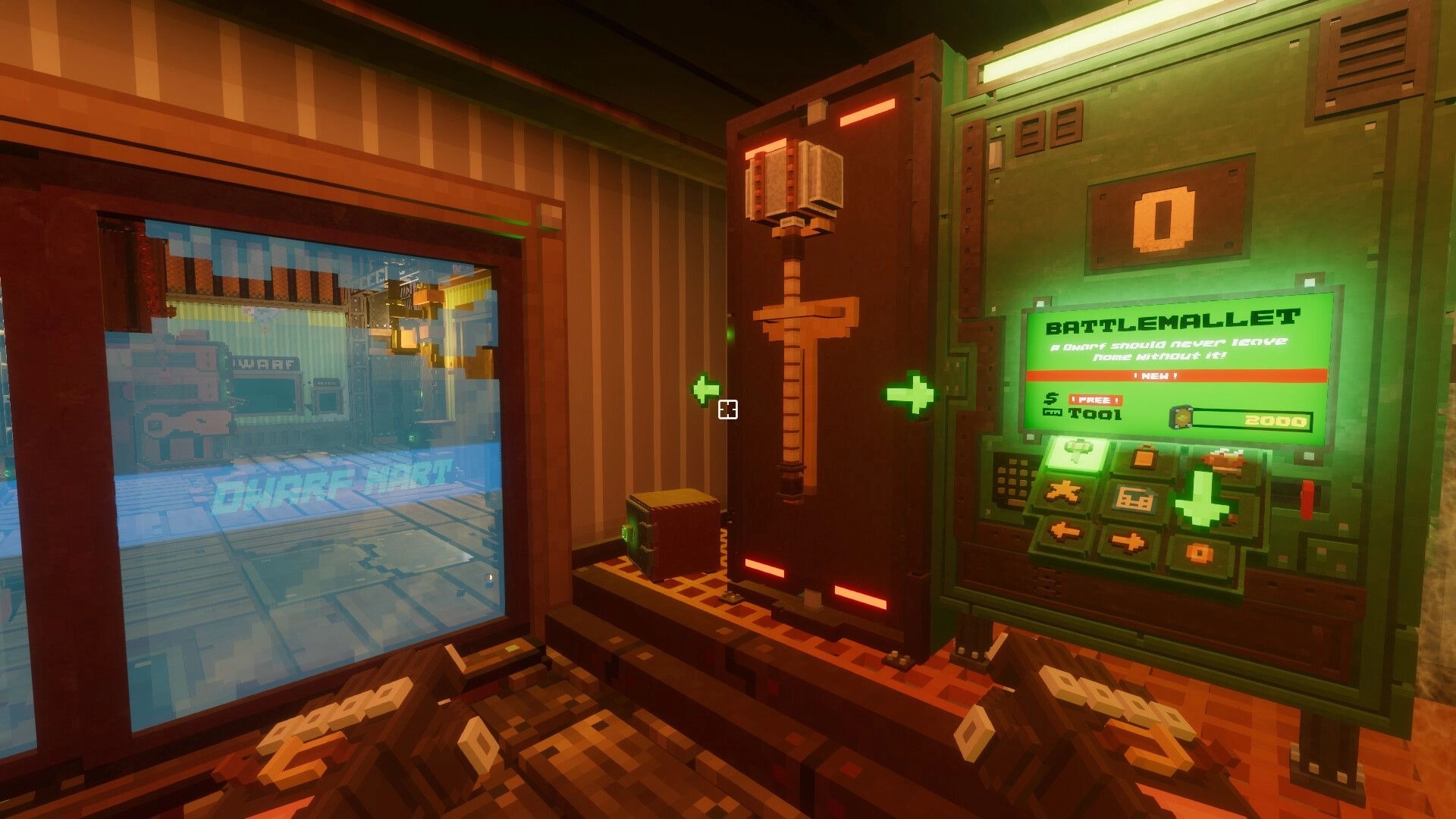 Dwarf Delve: Battlemallet purchase screen on green terminal beside weapon rack in Dwarf Mart shop.