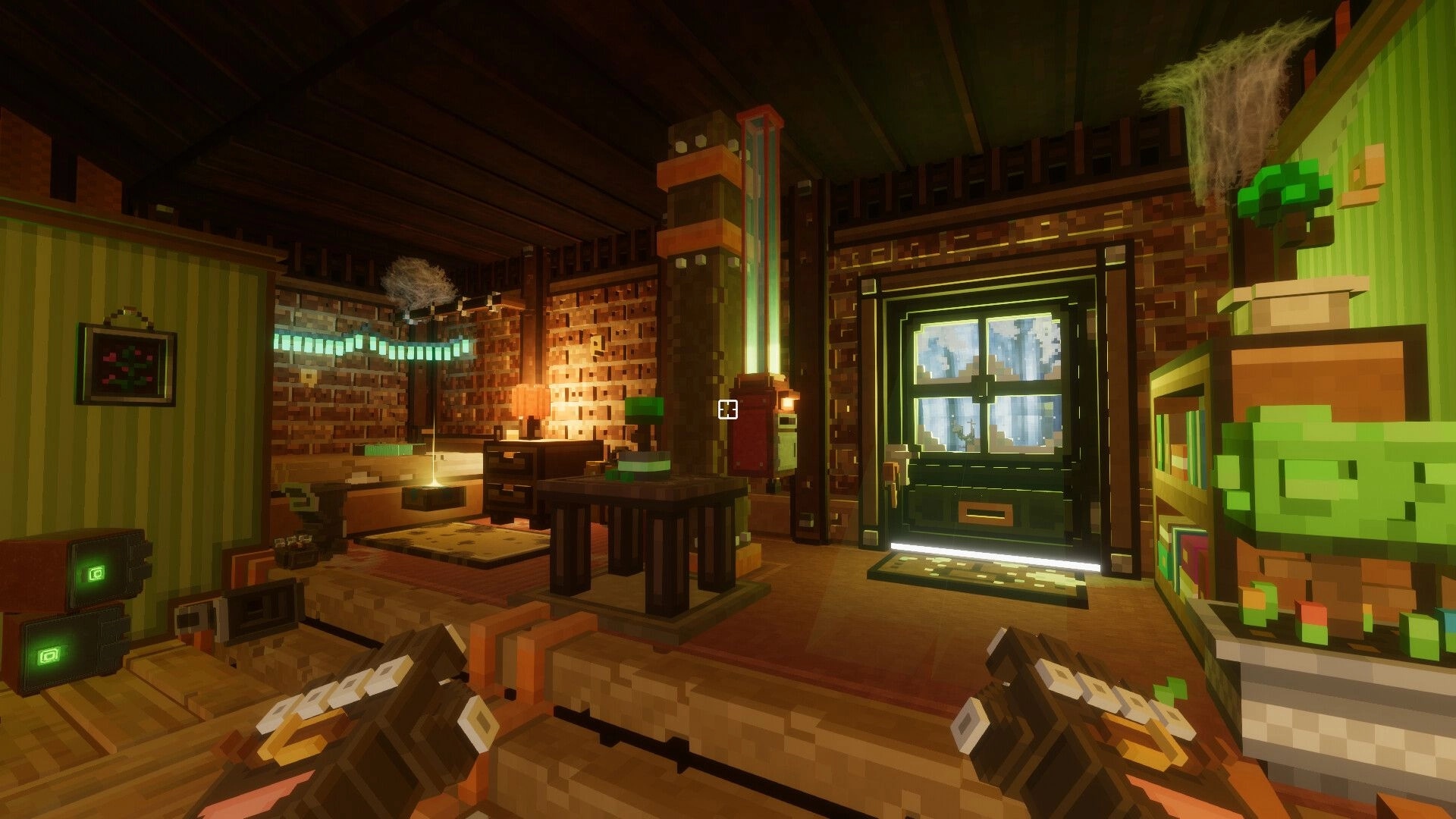 Dwarf Delve: First-person view inside a cozy cabin with table, lamps, and a glowing front door.