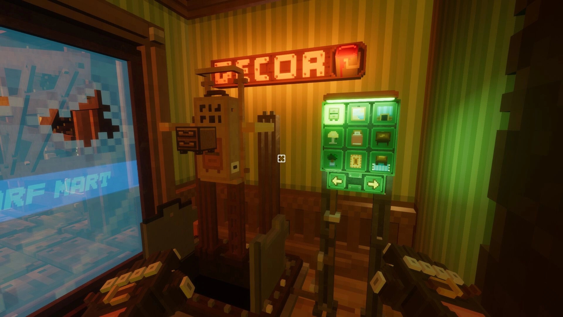 Dwarf Delve: First-person view of a store room with neon sign and green upgrade panel by a window.
