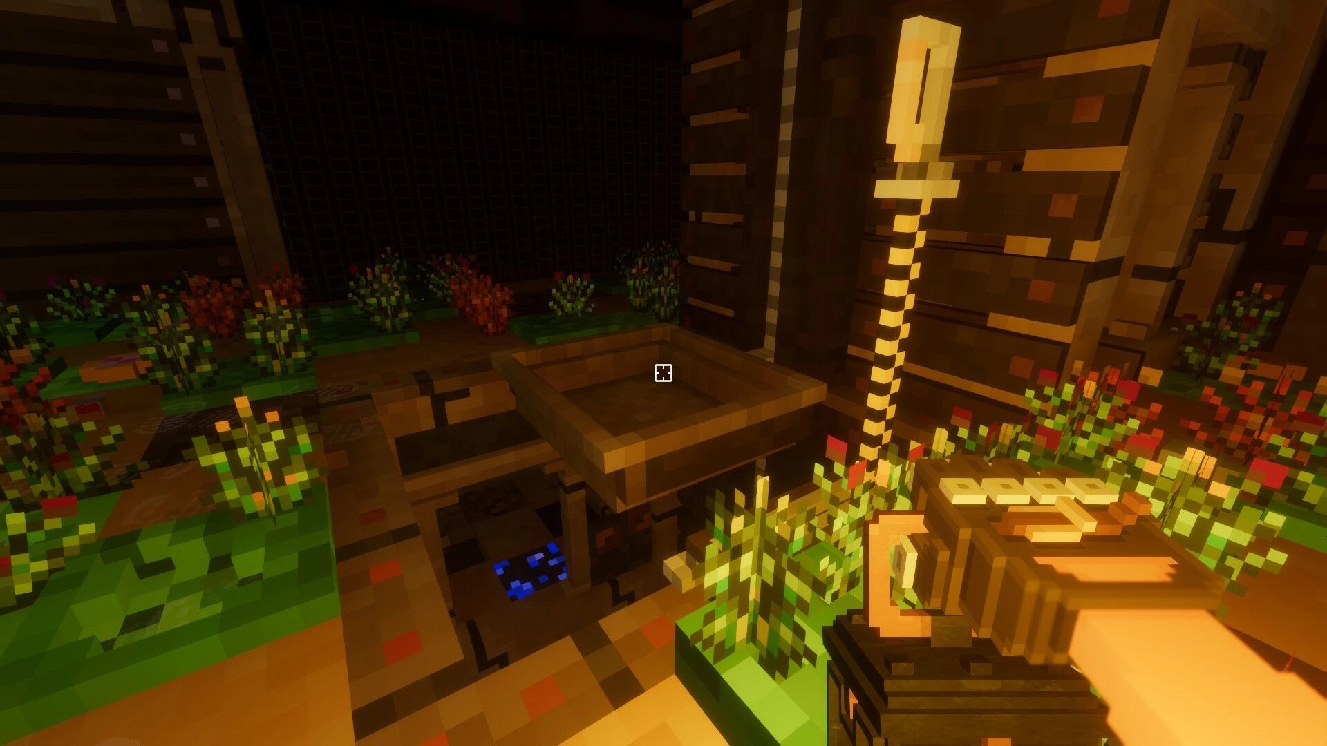 Dwarf Delve: First-person view aiming at a minecart beside a ladder in a flowered mine shaft.
