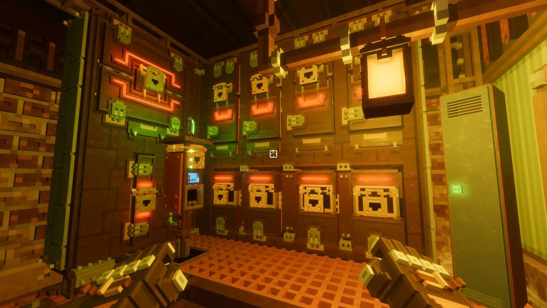 Dwarf Delve: First-person view facing glowing skull switches and panels inside a cramped metal room.