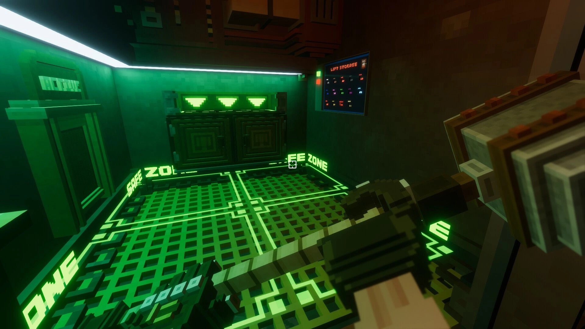 Dwarf Delve: First-person view holding a battlemallet in a neon safe zone by a loot storage board.