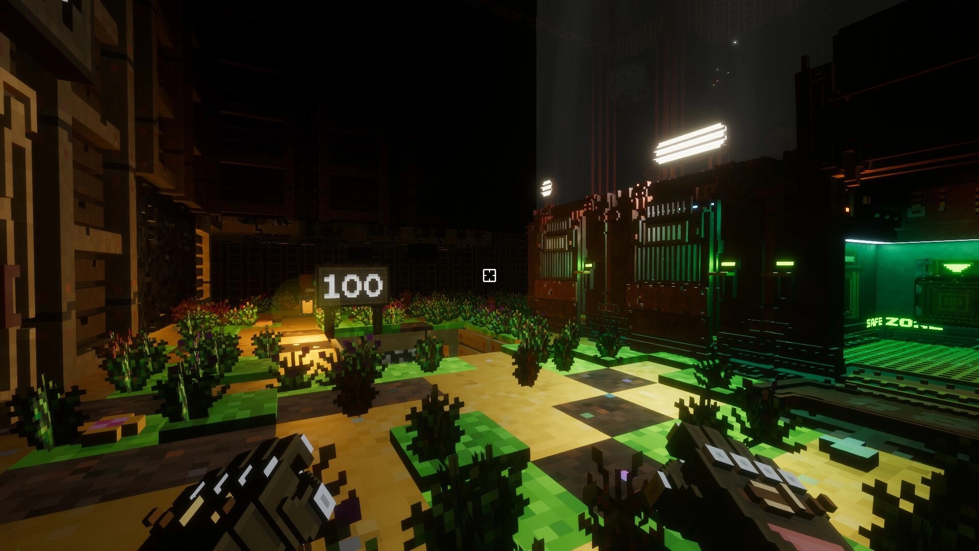 Dwarf Delve: First-person view in a neon-lit safe zone with green lights, 100 sign, and crosshair.
