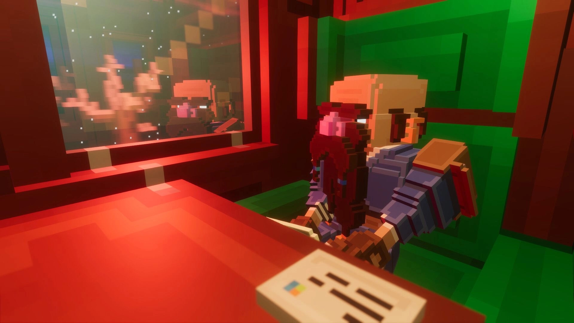 Dwarf Delve: Bearded dwarf NPC sits at a red counter by a snowy window in a green cabin interior.