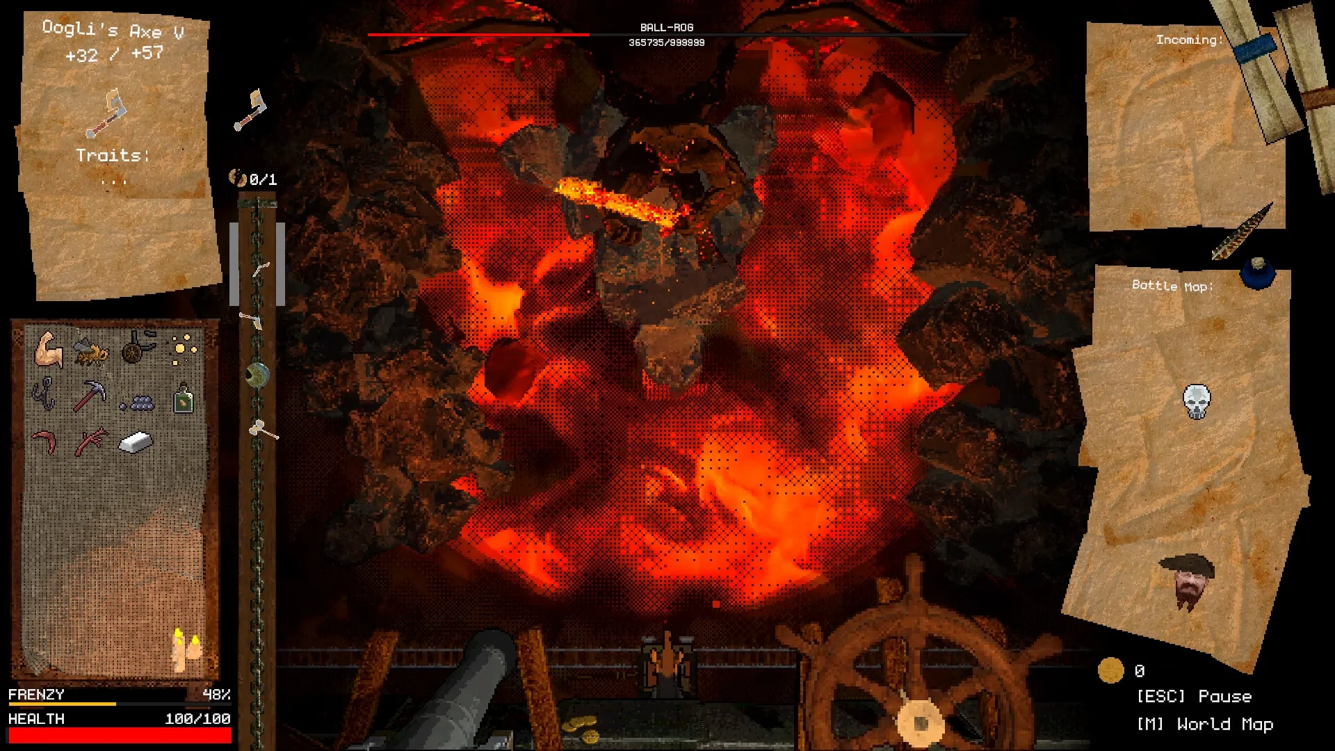 DWARRF: Inventory and battle map over a fiery lava pit with a dwarven pirate at the helm
