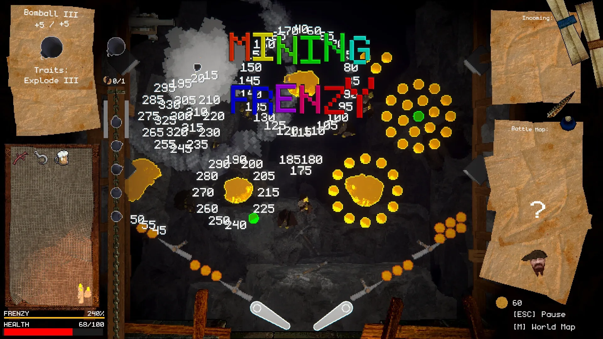 DWARRF: Flippers and balls in action during Mining Frenzy mode with stats and inventory visible