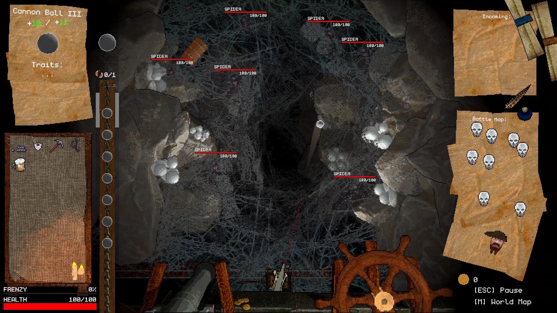 DWARRF: Combat with spiders in a web-filled cave, inventory and cannonball stats on screen edges.