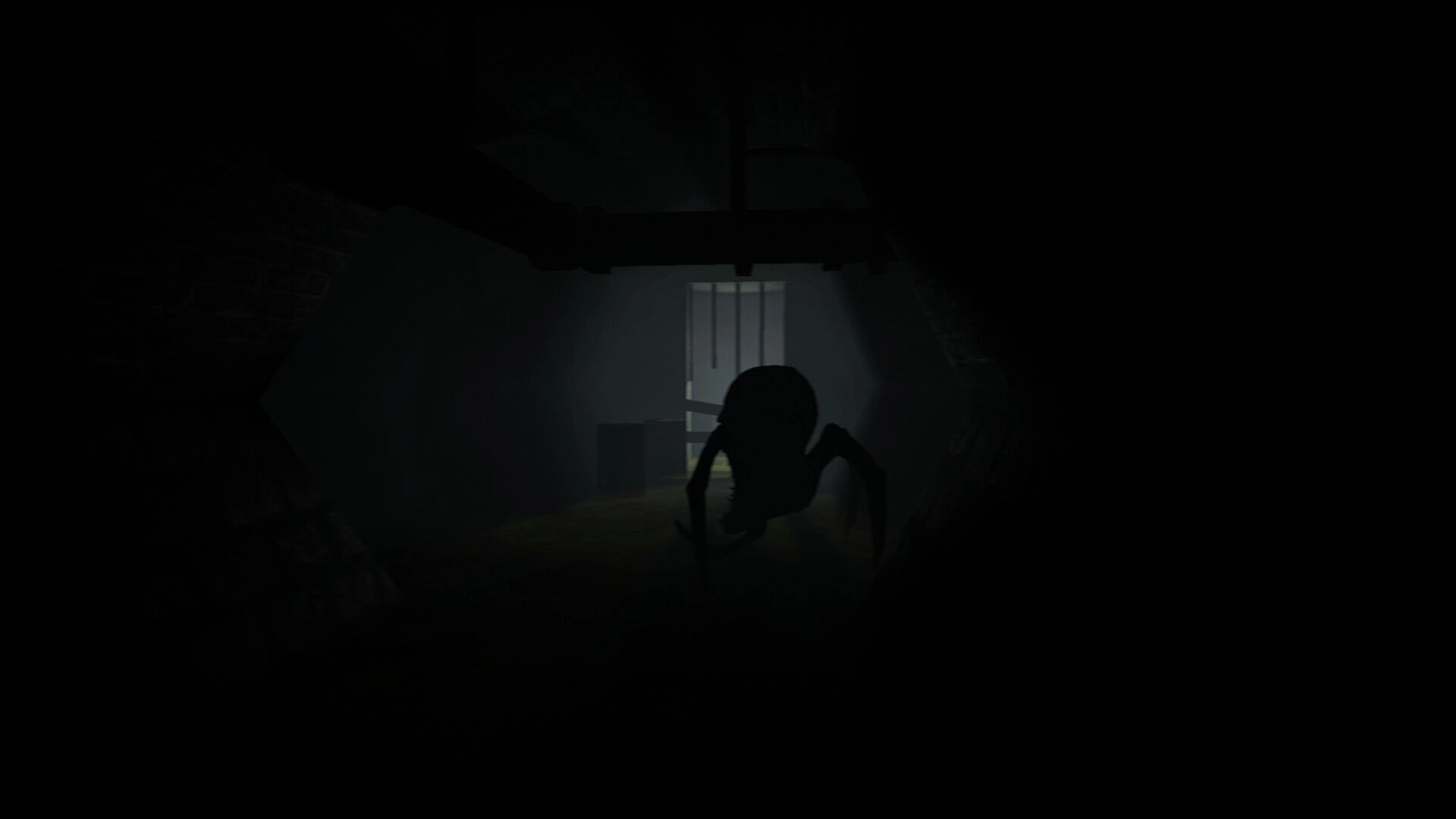Dweller: Shadowy creature crawls through dimly lit sewer tunnel, silhouetted against barred window light