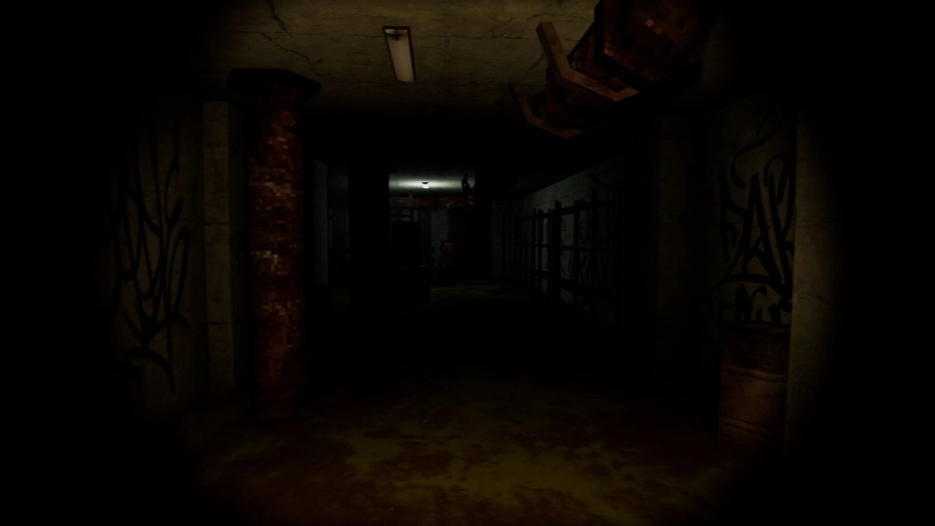 Dweller: Dark sewer corridor with graffiti-covered walls and dim overhead lighting, creating eerie atmosphere
