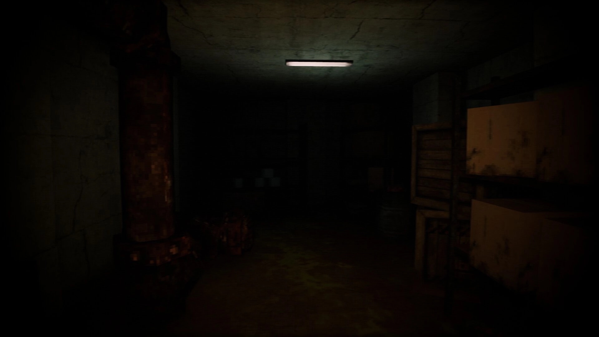 Dweller: Dimly lit sewer corridor with rusted pipes and stacked crates, creating a tense atmosphere.