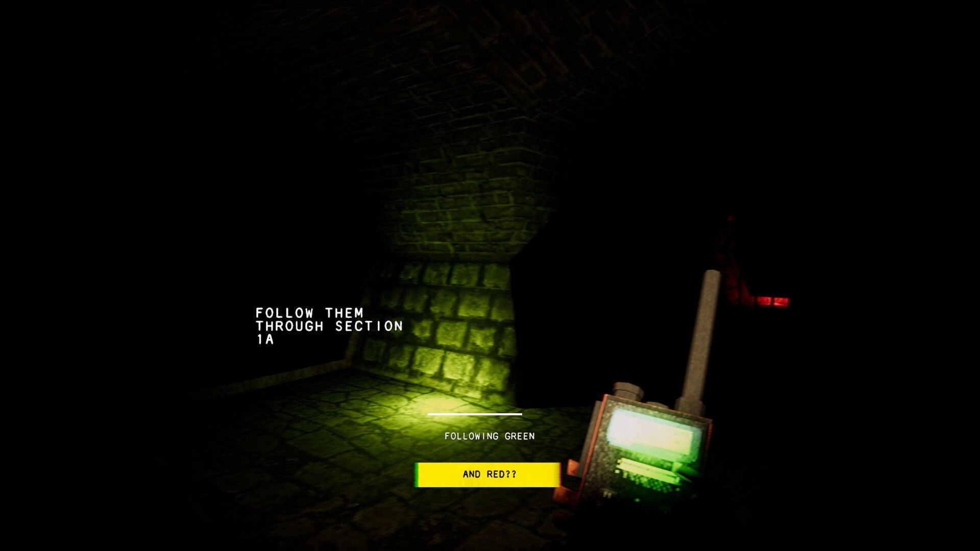 Dweller: Exploring a dimly lit sewer with radio guidance and ominous text instructions on screen
