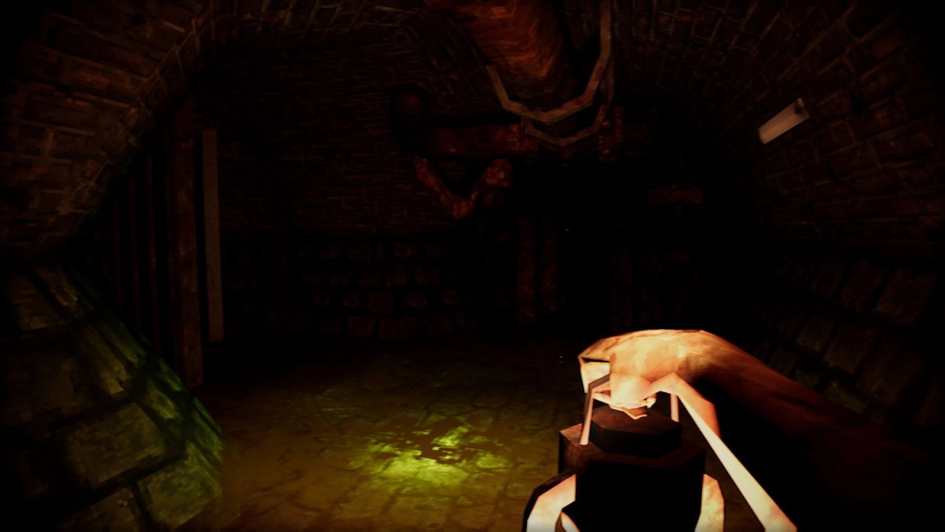 Dweller: Player holding lantern in dark sewer tunnel with dim lighting and visible pipes overhead